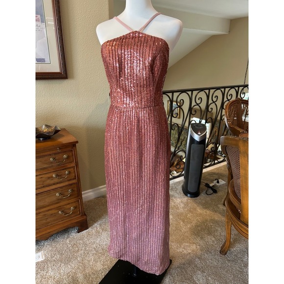 Dress the Population Dresses & Skirts - Dress the Population Rose Gold Sequin Halter Gown Column Maxi Sample Small 2/4